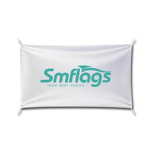 Large custom printed vinyl banner hanging outdoors with grommets and hemmed edges