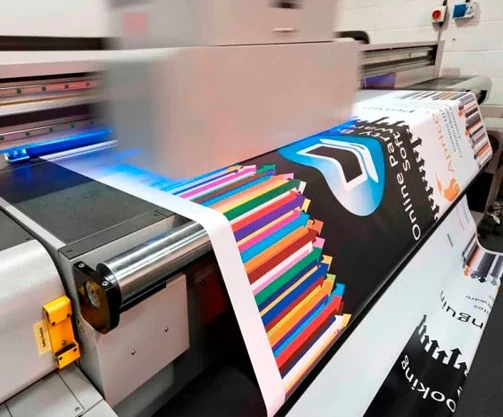Wide-format digital printing. No plate is needed, which is why an order can run from 1 pc.