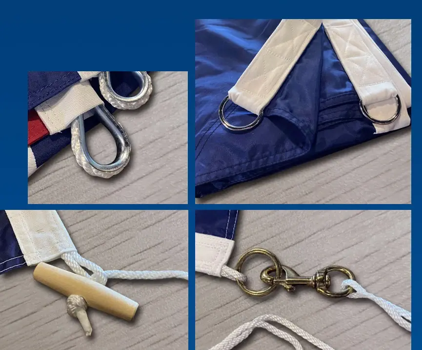 Finishing hardware: D-rings, grommets, rope and toggles, clips and sewn tabs.