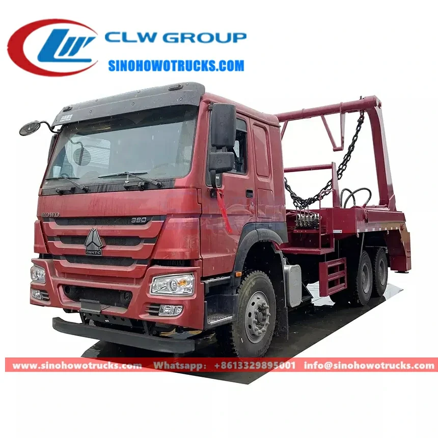 6x4 Sinotruk HOWO 16 ton skip loader truck with detachable skip body in urban waste collection setting