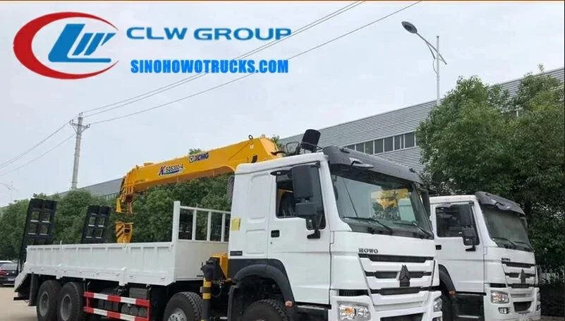 8x4 HOWO 16-ton service truck crane with hydraulic rear ladder in service blue with crane extended