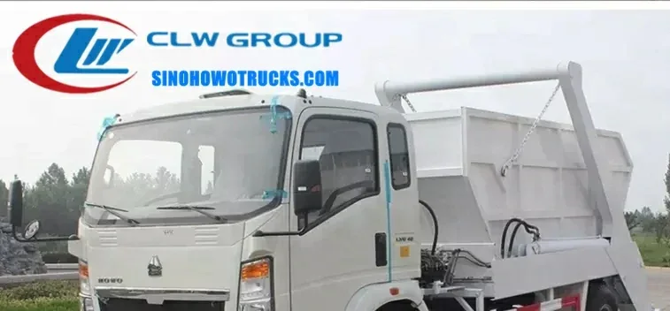 Howo 6tons skip waste truck in urban waste collection setting with swing arm lifting a sealed container
