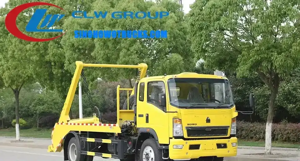 HOWO 8cbm skip bin truck in urban waste collection setting with swing arm lifting a 8m3 skip bin