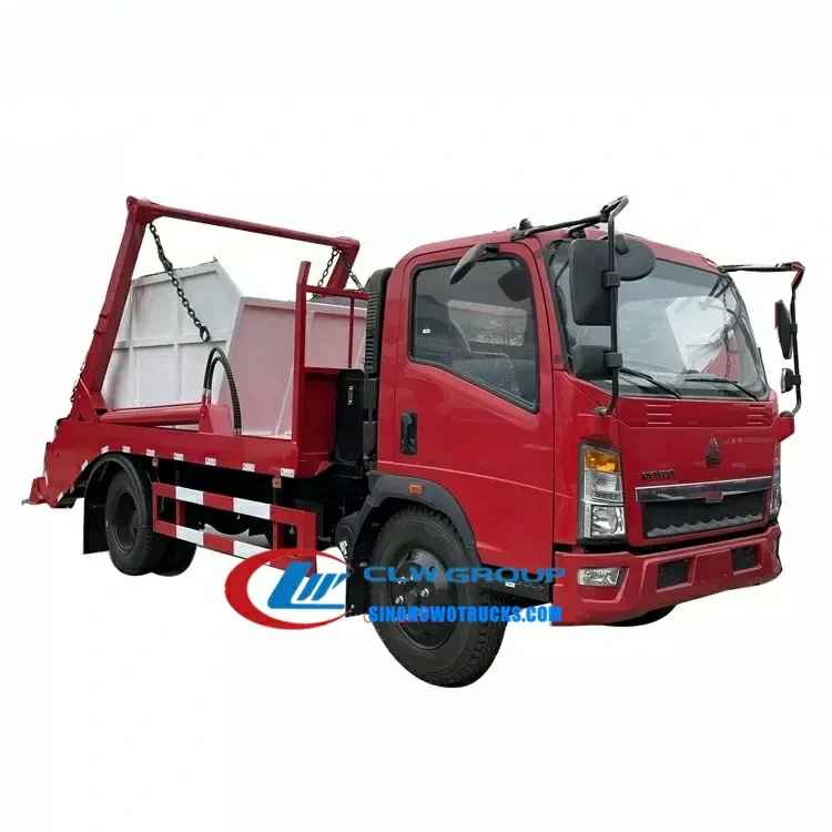 Sinotruk 3.5 t skip truck in urban waste collection setting with swing arm lifting a 5m3 skip body