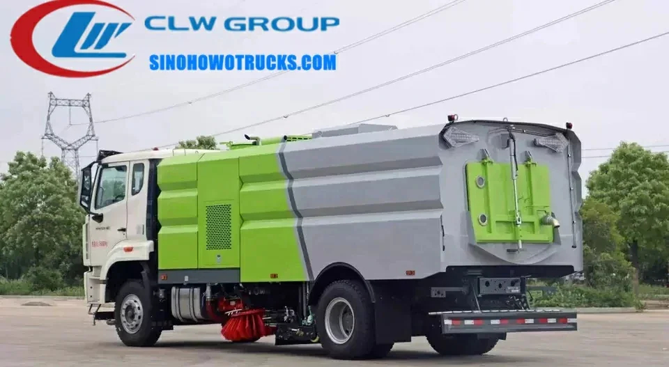 Sinotruk Hohan 16 cube road cleaning sweeper truck in urban grey with front-mounted sweep arms and water tank