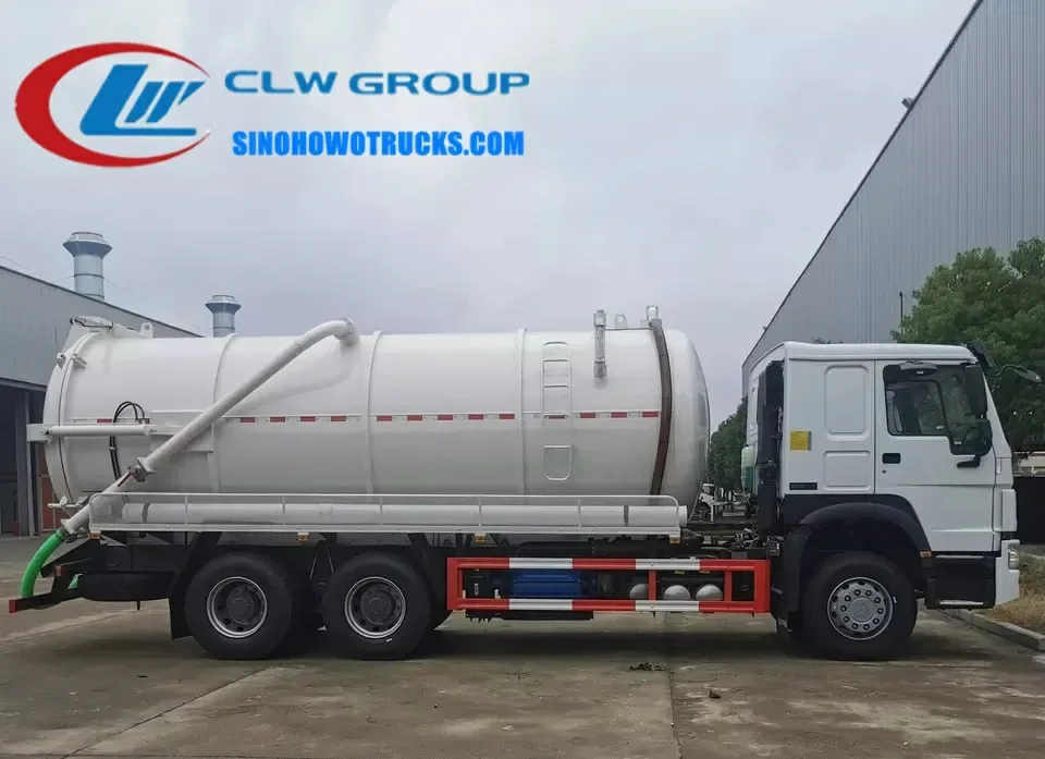 Sinotruk HOWO 6x4 sewage evacuation truck in white with 16,000 L tank and rear-mounted vacuum pump