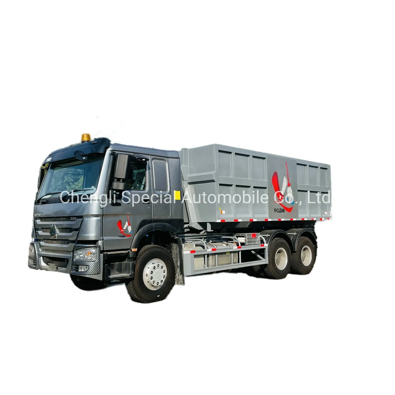Sinotruk HOWO 20cbm hook lift garbage truck in gray with 20 cubic meter container and hydraulic lifting system