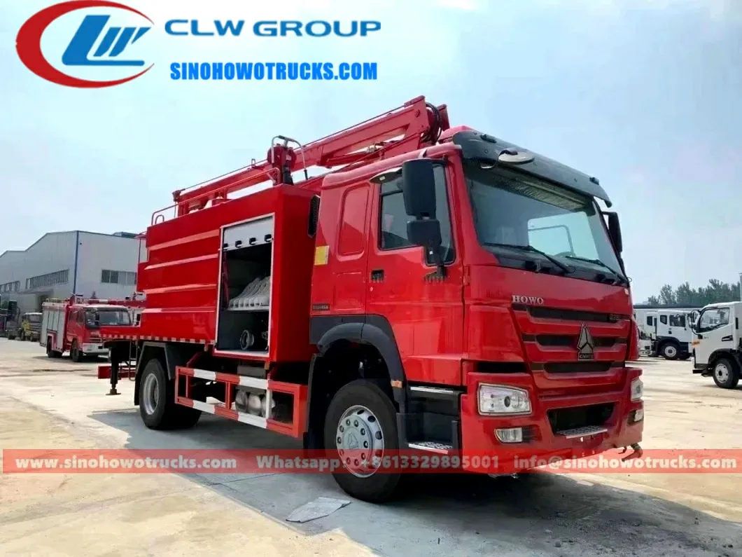 Sinotruk HOWO 20m aerial platform fire truck with extended platform and remote control monitor in operation