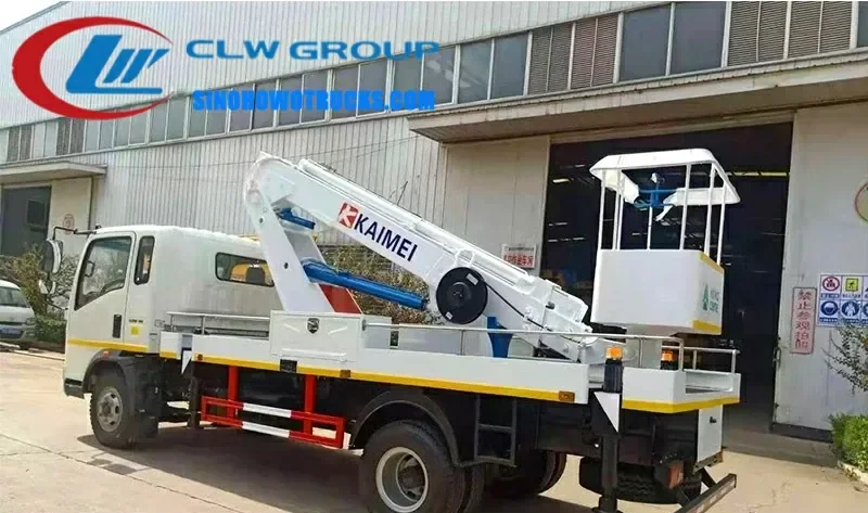 Sinotruk HOWO 4x2 aerial platform truck with 3-section telescopic boom extended to 14 meters, standing on a flat surface
