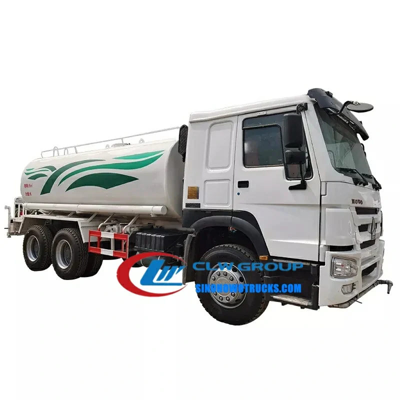 Sinotruk HOWO 6x4 construction water truck in red with 20m³ tank and green anti-aircraft gun mounted on the rear
