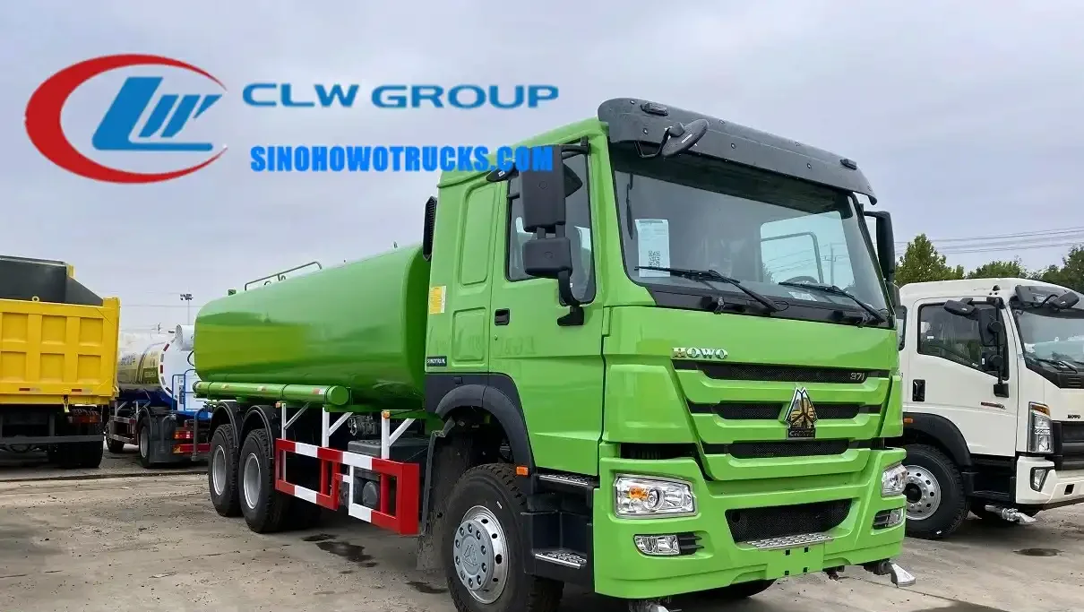 Sinotruk HOWO 6x4 20t water tender truck in red with rear spray nozzles and high cannon mounted on platform