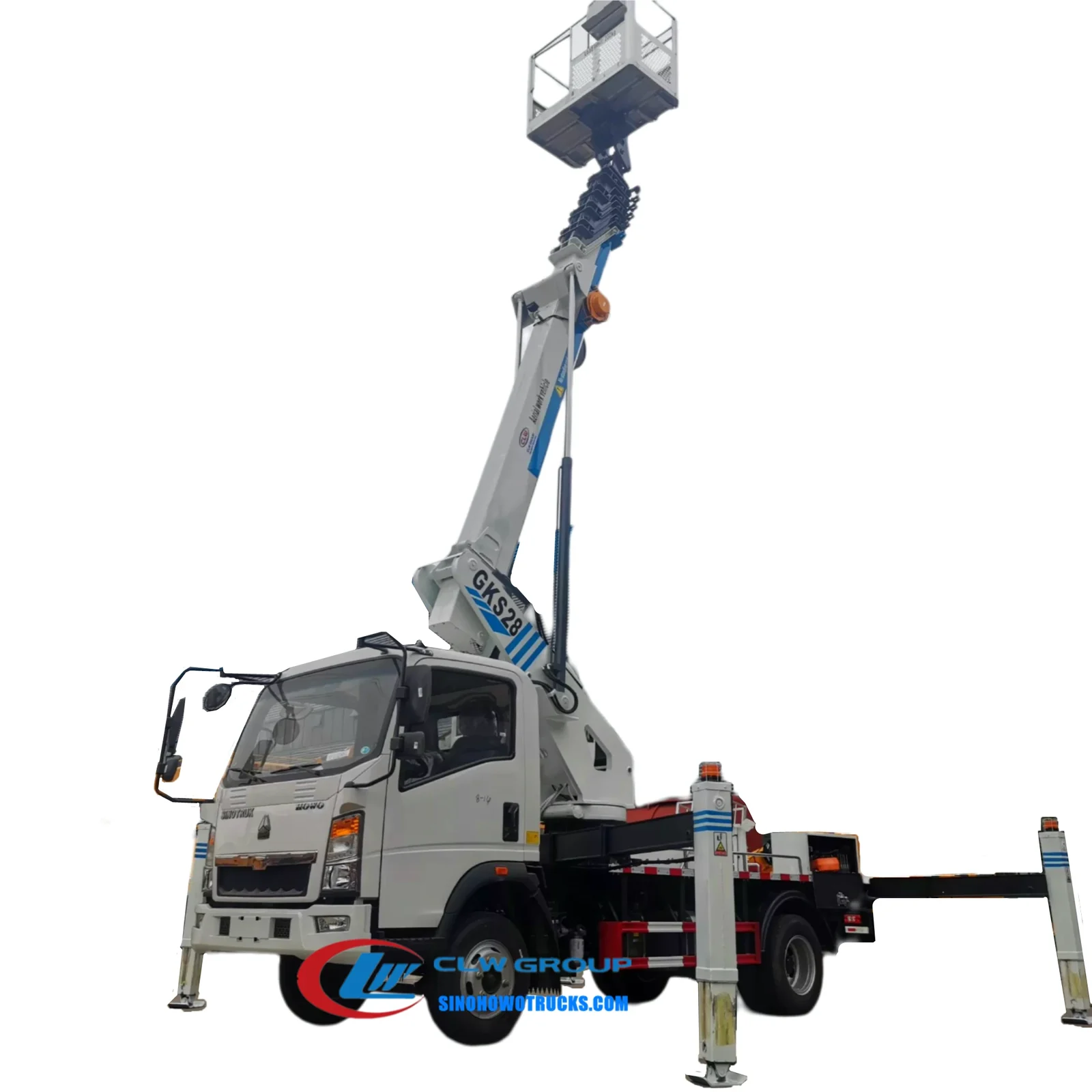 Sinotruk HOWO 28m insulated bucket truck in service with boom fully extended and insulated basket at height