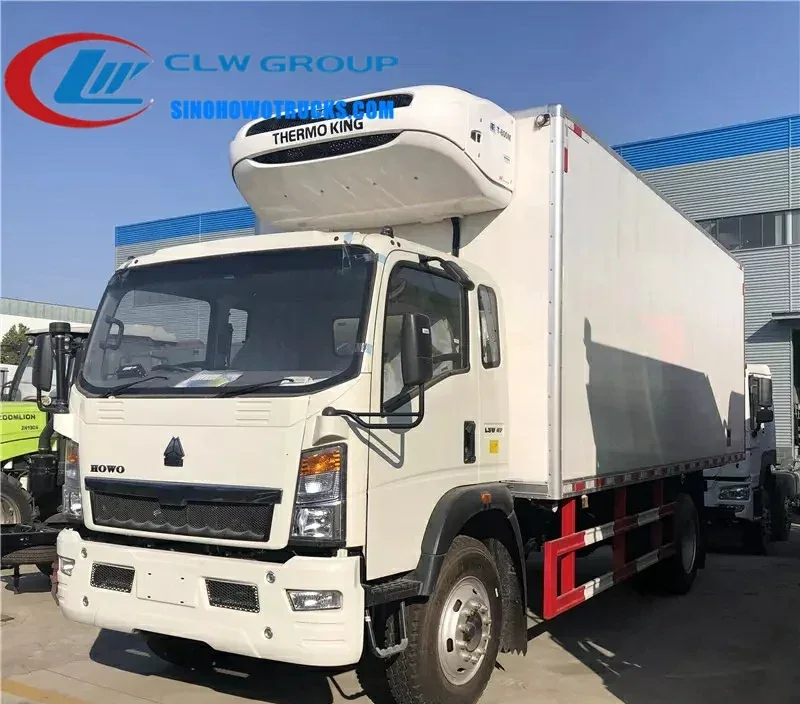 Sinotruk HOWO 8 ton reefer box truck in white with refrigeration unit mounted at the front, side view