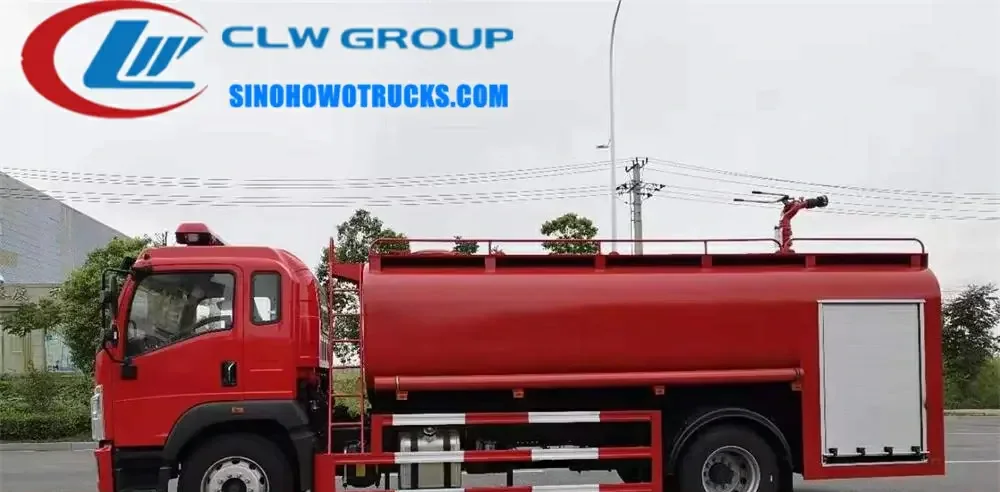 Sinotruk HOWO 8000 litre fire water tender truck in fire service red with roof-mounted PL24 monitor