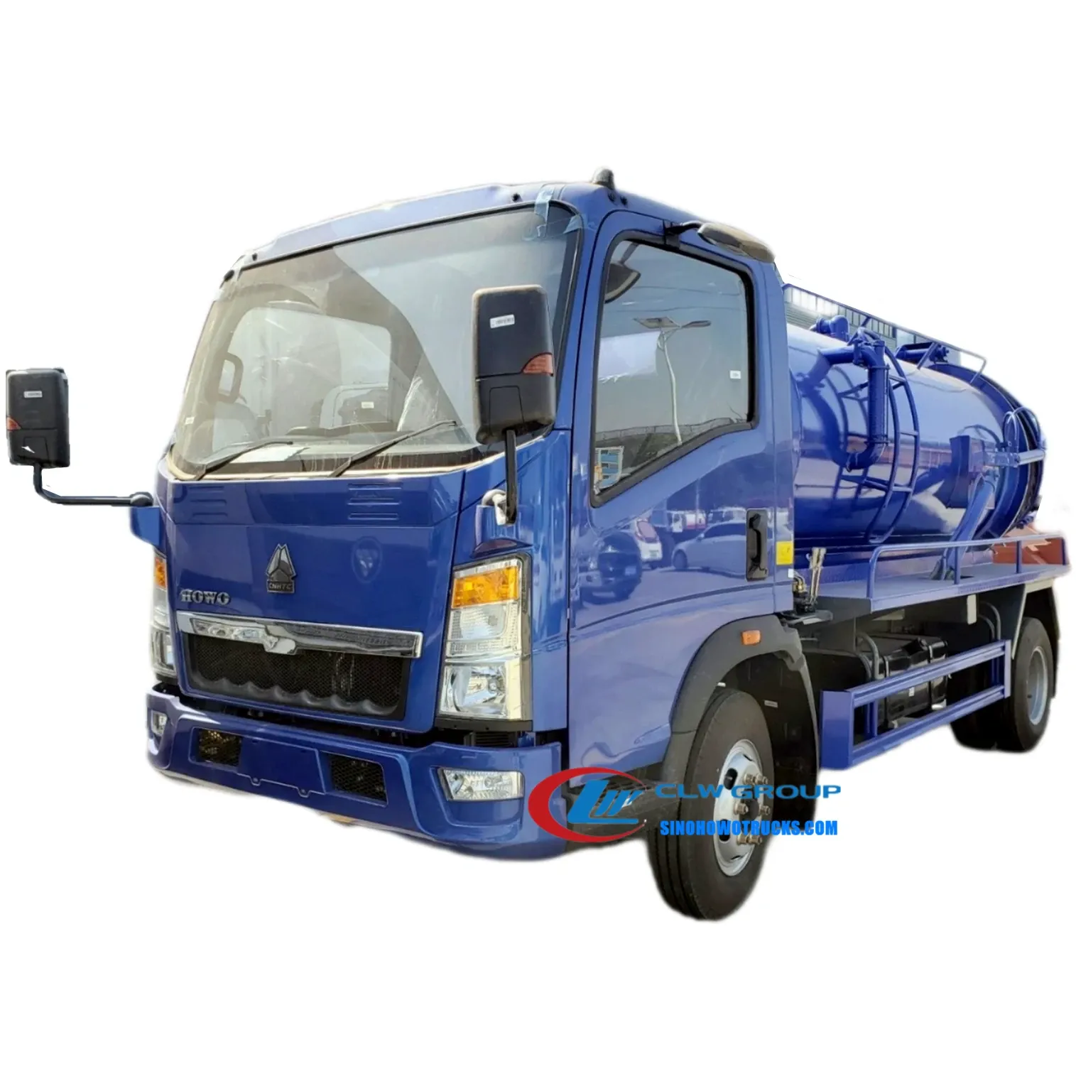 Sinotruk HOWO 4x2 8000 litre sewer suction truck in urban setting with open tailgate and suction pipe extended