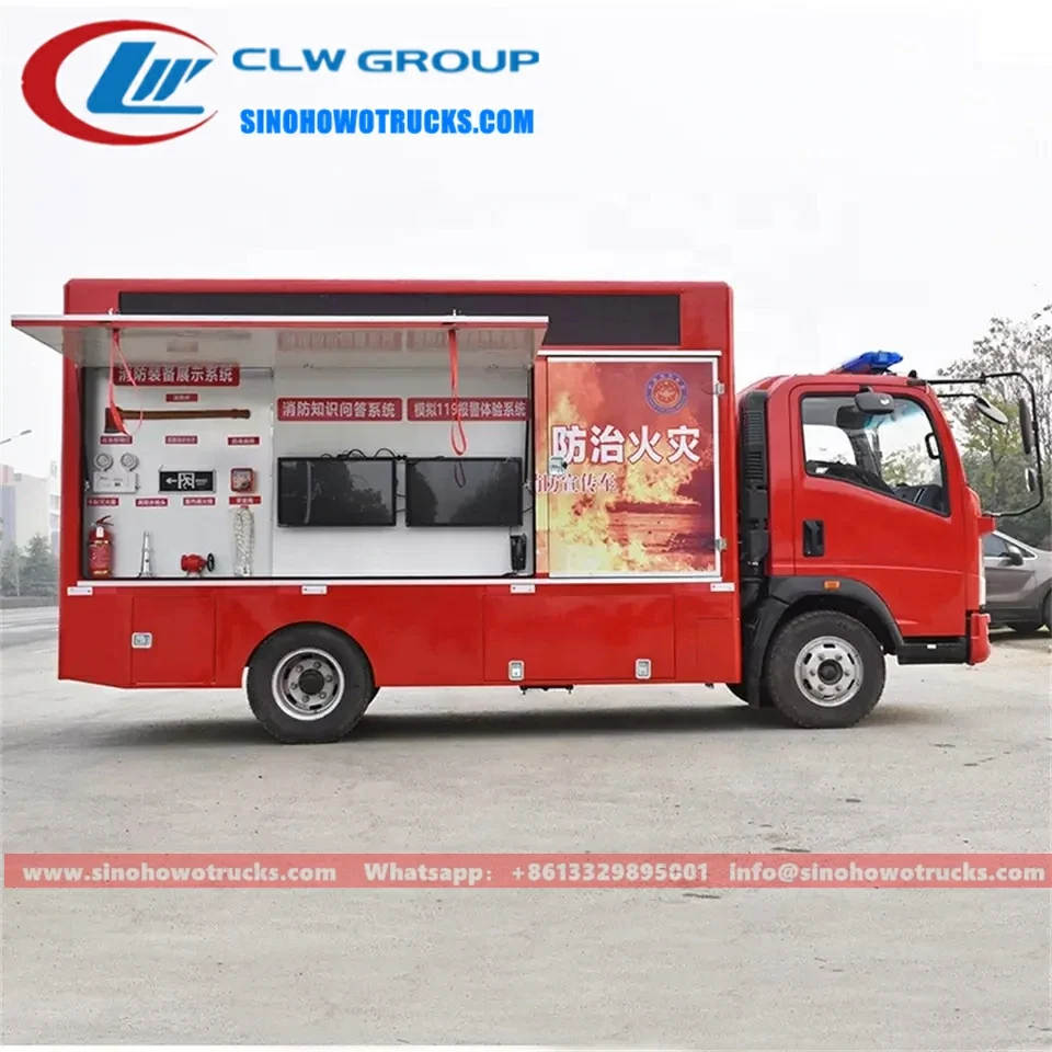 Sinotruk HOWO mini LED screen fire propaganda vehicle in white with full color outdoor display raised and active
