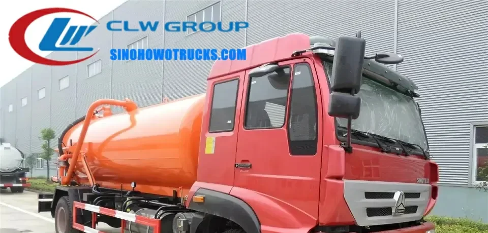 Sinotruk Steyr 12000liters wastewater vacuum truck in standard grey with front-mounted suction pipe and rear-mounted pump