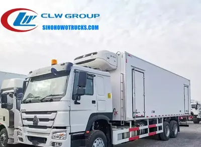 10 wheel Sinotruk HOWO 20 ton reefer van in white with refrigerated box and side doors open