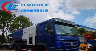 Rear view of the sewer jetting truck showing full opening hydraulic lid and safety support