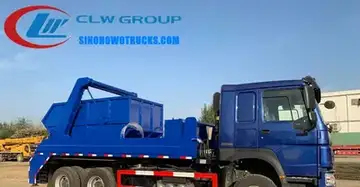 10 wheel Sinotruk HOWO skip bin loader truck in service with hydraulic swing arm lifting a sealed waste bin