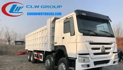 Rear view of the HOWO dump truck with side lift hydraulic system and reinforced tipper frame