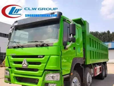 Rear view of the HOWO dump truck showing the rear axle, dual tires, and hydraulic lift system