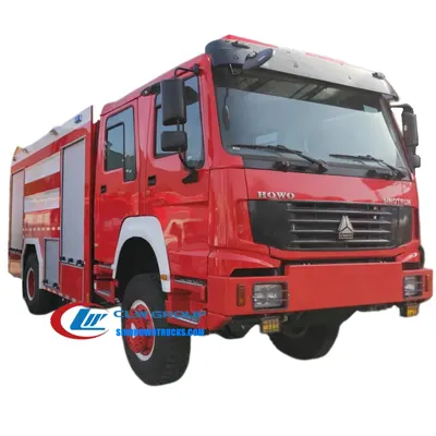 Side view of the HOWO fire rescue truck showing foam tank and access doors