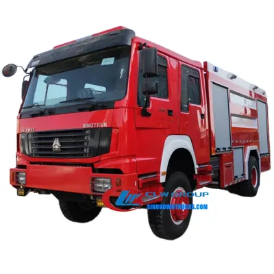 Rear view of the HOWO fire brigade truck with pump room and fire cannon