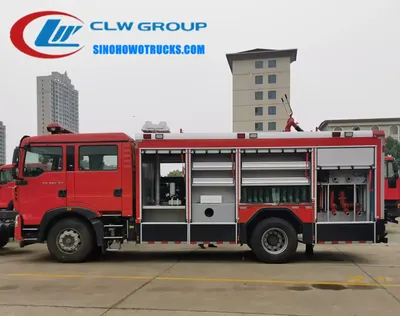 6 wheeler Sinotruk HOWO fire utility truck in fire service red with rear-mounted fire pump and water cannon