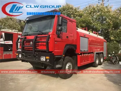 Side view of the 6WD HOWO fire engine showing 10+1 tires and 6x4 chassis configuration