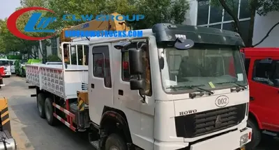 Side view of the HOWO truck-mounted crane showing the telescopic boom and control panel