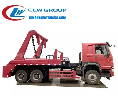 Side view of the skip loader truck showing the high-strength steel swing arm and support legs