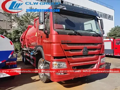Rear view of the 10-tire Sinotruk HOWO sewage tanker with hydraulic lift and air blowdown system