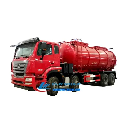 Rear view of the 8x4 HOWO sewage disposal truck with fully open tailgate and discharge hose