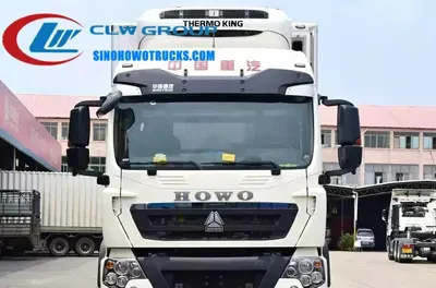 Rear view of the HOWO frigo truck with refrigeration unit and cargo door open