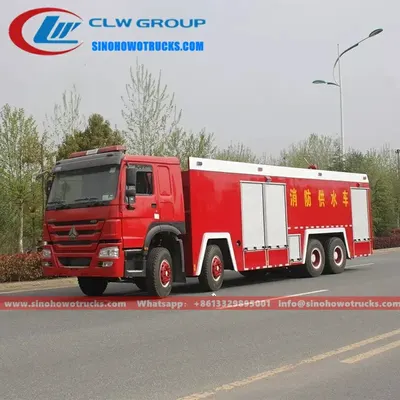 Side view of the fire truck with open aluminium alloy roller shutter lockers