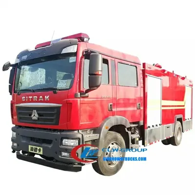 Side view of the fire truck with aluminium alloy roller shutter lockers and foam tank access