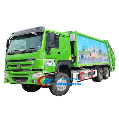 Side view of the HOWO compactor truck showing the high-strength T420 steel body and hydraulic cylinders