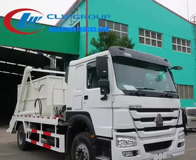 Side view of the skip lorry with swing arm mechanism lifting a sealed 12cbm container