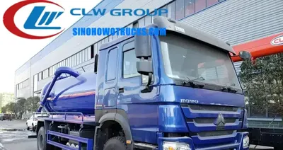 Side view of the HOWO 12cbm vacuum truck showing the round 5mm carbon steel tank and cab layout