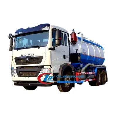 Rear view of the HOWO sewage truck with fully opened tailgate and air blowdown system in use