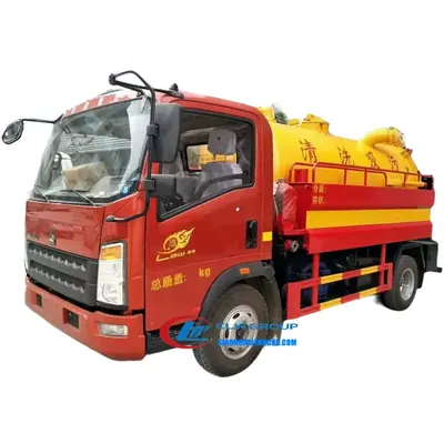 HOWO 5 ton jet vac tanker in service with hydraulic tank lift raised and rear door open