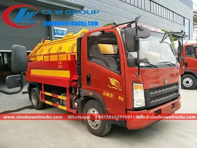 Rear view of the HOWO 5cbm jet vac truck with hydraulic rear door and discharge valve