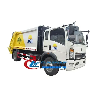 Side view of the HOWO compactor truck with open compactor door and container lift