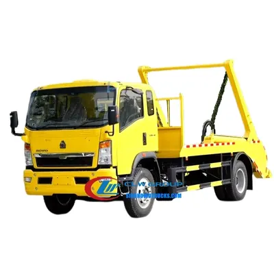 Rear view of the HOWO 8cbm skip bin truck with the lift mechanism in the raised position