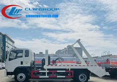 Side view of Howo 8m3 skip loader showing hydraulic swing arm and rear outrigger