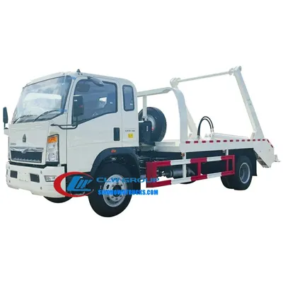 Howo 8m3 skip loading dumper in urban waste collection setting with detachable skip container