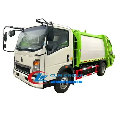 Front view of RHD HOWO 5t garbage truck with cab and loading hopper in use