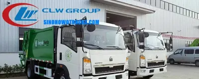 Side view of the compactor truck showing the 8 cbm high-strength steel body and hydraulic cylinders