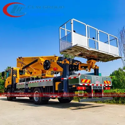 Side view of the SITRAK aerial lift truck showing X-type outriggers and working platform